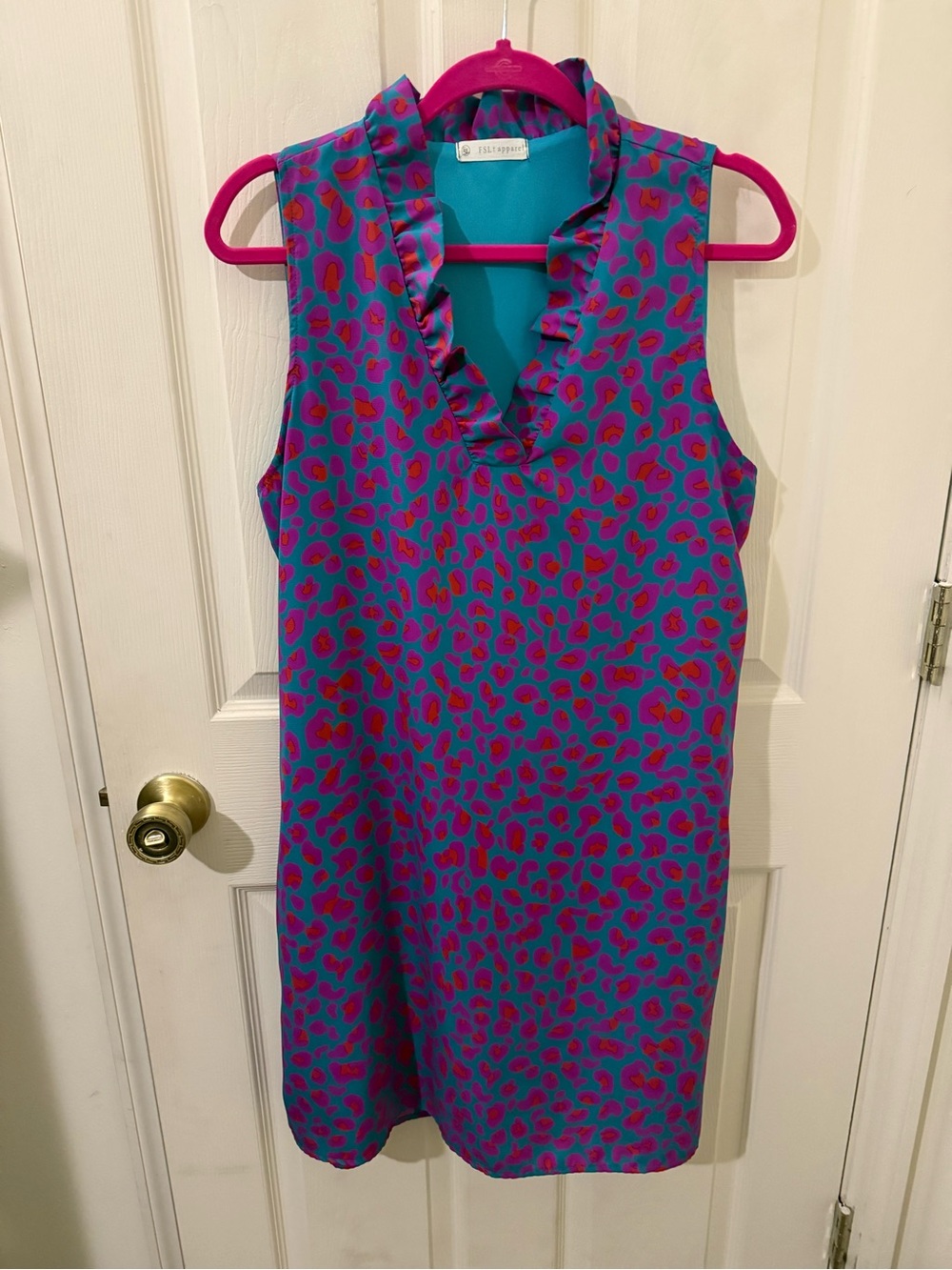 Sleeveless Teal Dress with Pink Spot Print and Ruffle V-Neck